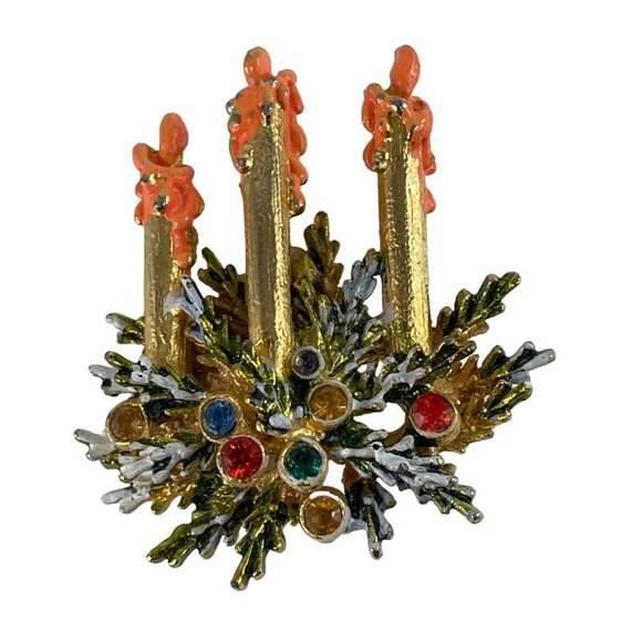 Triple Christmas Candle Brooch Lapel Pin Multicolor Rhinestones w/Greenery - Picture 1 of 12